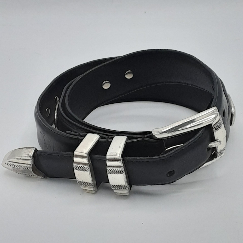 Men's Black Oil Grained Leather Belt with Silver Tone Haedwear SZ 38.